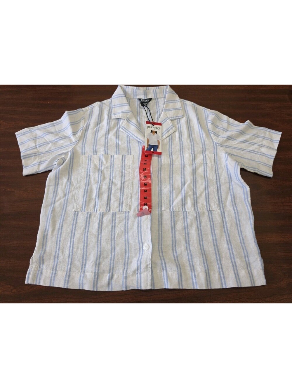 NWT Buffalo David Bitton Linen Blend Short Sleeve Striped Shirt M Coastal Chic